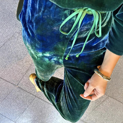 2025 Silk velvet hand-painted blue-green gradual change loose round neck T-shirt + drawstring elastic waist wide-leg pants casual suit