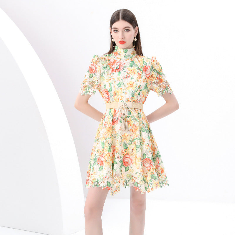 new dress women's  strap waist high neck bubble sleeve hollow crochet lace A word short skirt