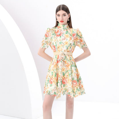 new dress women's  strap waist high neck bubble sleeve hollow crochet lace A word short skirt