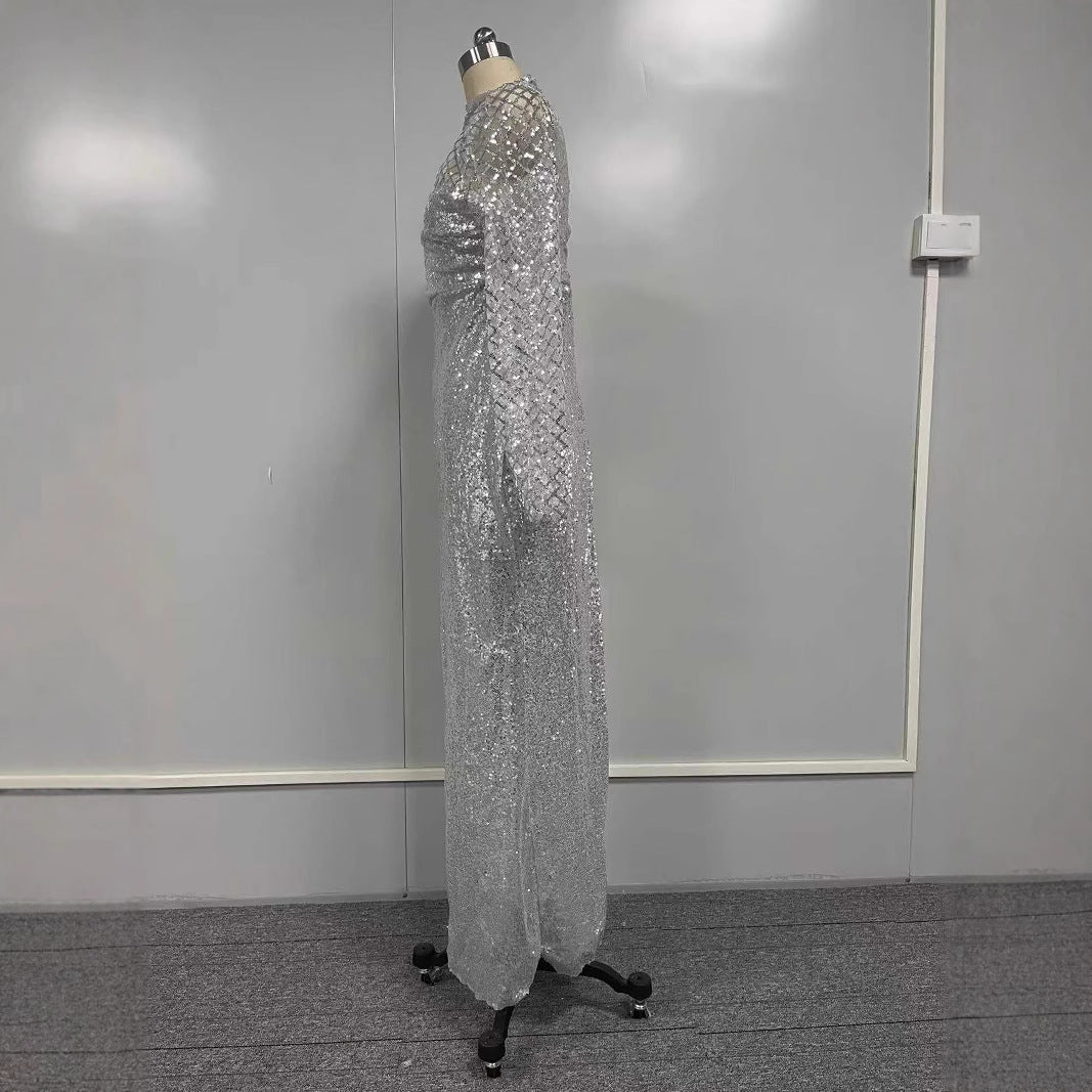 FLOWERSVERSE 2025 New new  2025 hollow off-the-shoulder dress round neck slim temperament S-shaped sequin dress