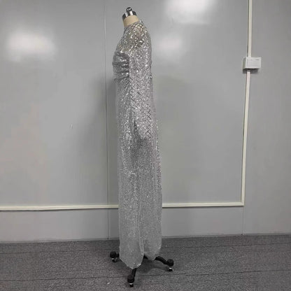 FLOWERSVERSE 2025 New new  2025 hollow off-the-shoulder dress round neck slim temperament S-shaped sequin dress