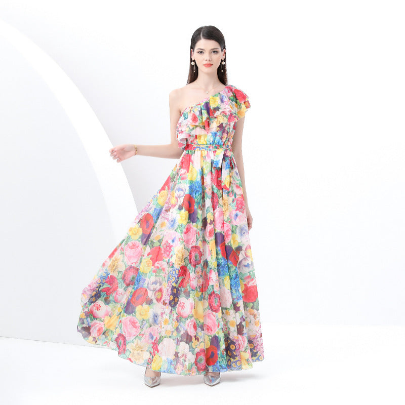Holiday style print lotus leaf edge dress female  celebrities elegant waist slanted shoulder chiffon dress  summer wear
