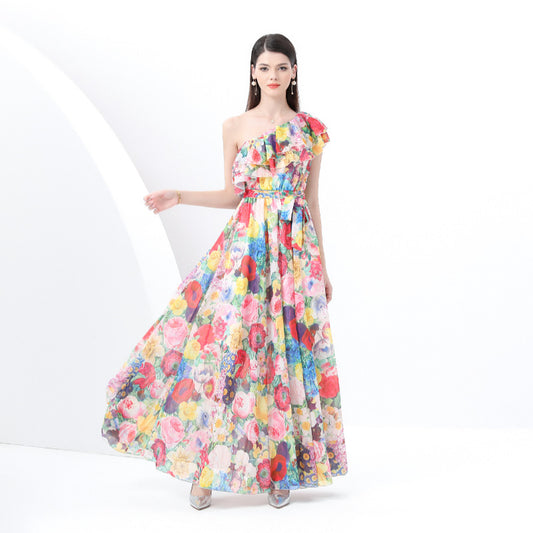 Holiday style print lotus leaf edge dress female  celebrities elegant waist slanted shoulder chiffon dress  summer wear