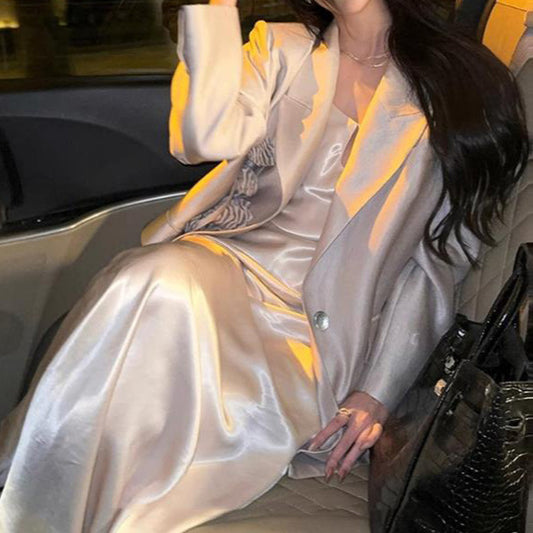 2025 Premium sense satin blazer women's spring  loose thin suit dress set