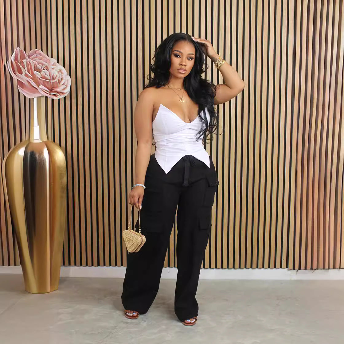 FLOWERSVERSE  D88228 European and American Women's Clothing   Hot Sale Corduroy Multi-Pocket Drawstring Elastic Waist Straight Cargo Pants