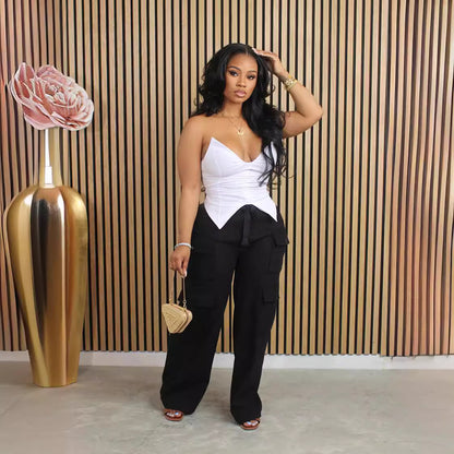 FLOWERSVERSE  D88228 European and American Women's Clothing   Hot Sale Corduroy Multi-Pocket Drawstring Elastic Waist Straight Cargo Pants