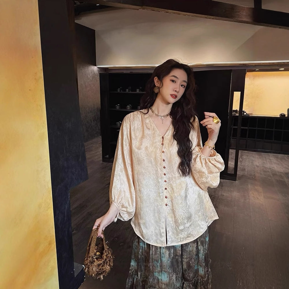 Siyuan Guofeng New Chinese Silk Linen Jacquard Tie-Dyeing Shirt High-end Light Luxury Lantern Sleeve Top Women's 9062