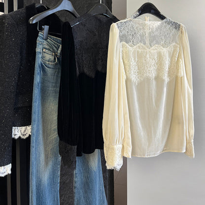 2025 early spring heavy industry lace splicing,  light luxury silk velvet lantern sleeve with a single shirt inside