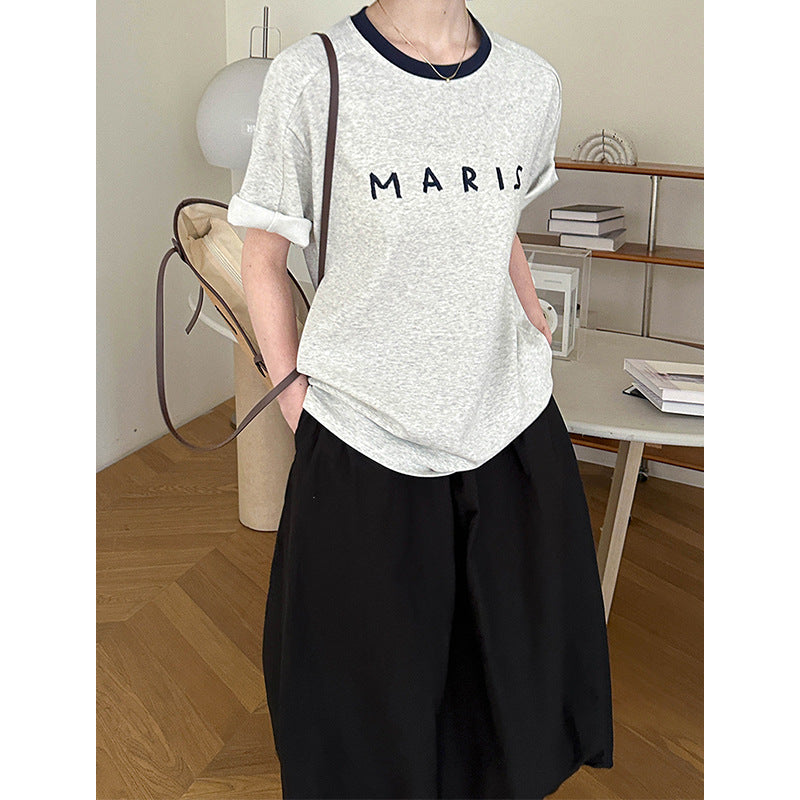 2025  Spring New Korean Version Front Shoulder Niche Design Contrasting Color Crew Neck Splicing Short Sleeve T-Shirt 80118