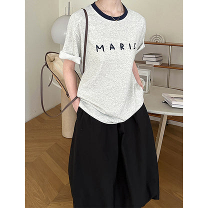 2025  Spring New Korean Version Front Shoulder Niche Design Contrasting Color Crew Neck Splicing Short Sleeve T-Shirt 80118