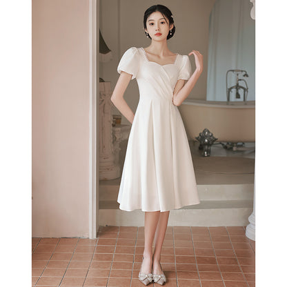 Small white evening dress can be worn at ordinary times, small white dress for graduation dates,  spring engagement certificate registration dress