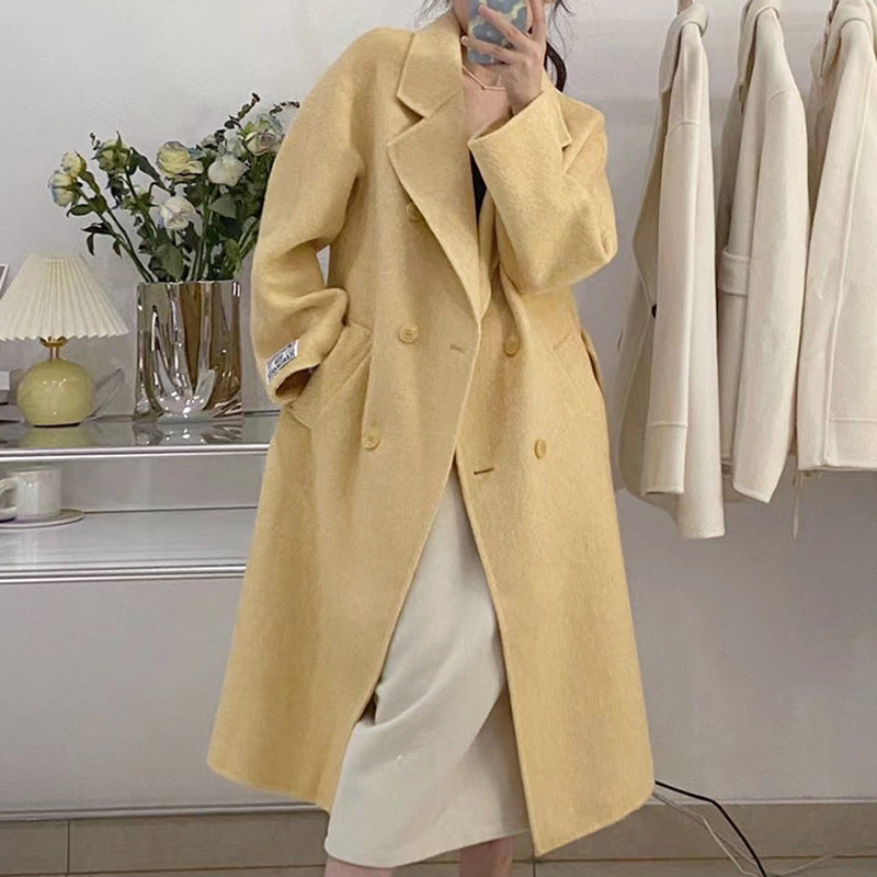 2025 popular popular long-haired solid-color double-sided cashmere coat, double-breasted classic women's coat manufacturer wholesale