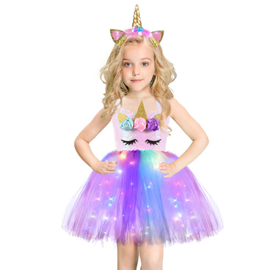 flowersverse Unicorn Tutu Skirt Cross-Border Girls Dress Led Princess Dress Costume Birthday Party Tulle Tutu Skirt