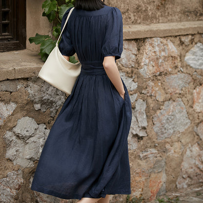 2025 Breathing 100% ramie wrap dress, Japanese casual bubble sleeves V-neck waist skirt women's summer