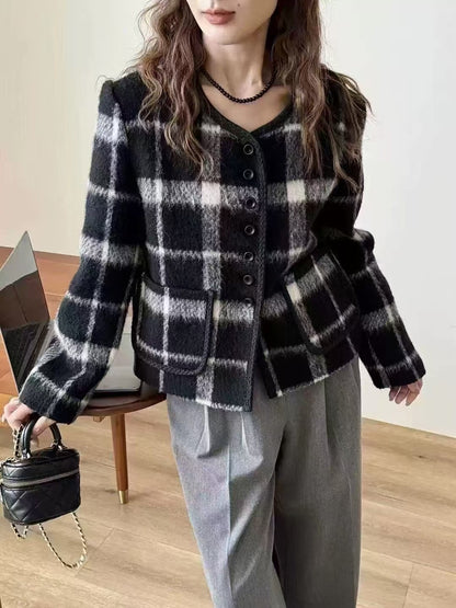 2025 Black and white grid small fragrant style round neck single-breasted front shoulder short double-sided nylon wool coat woolen coat women's 25 spring