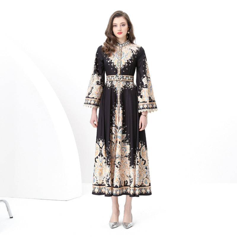 Popular trade export women's clothing court style retro stand-up collar single-breasted printing wide pendulum long dress
