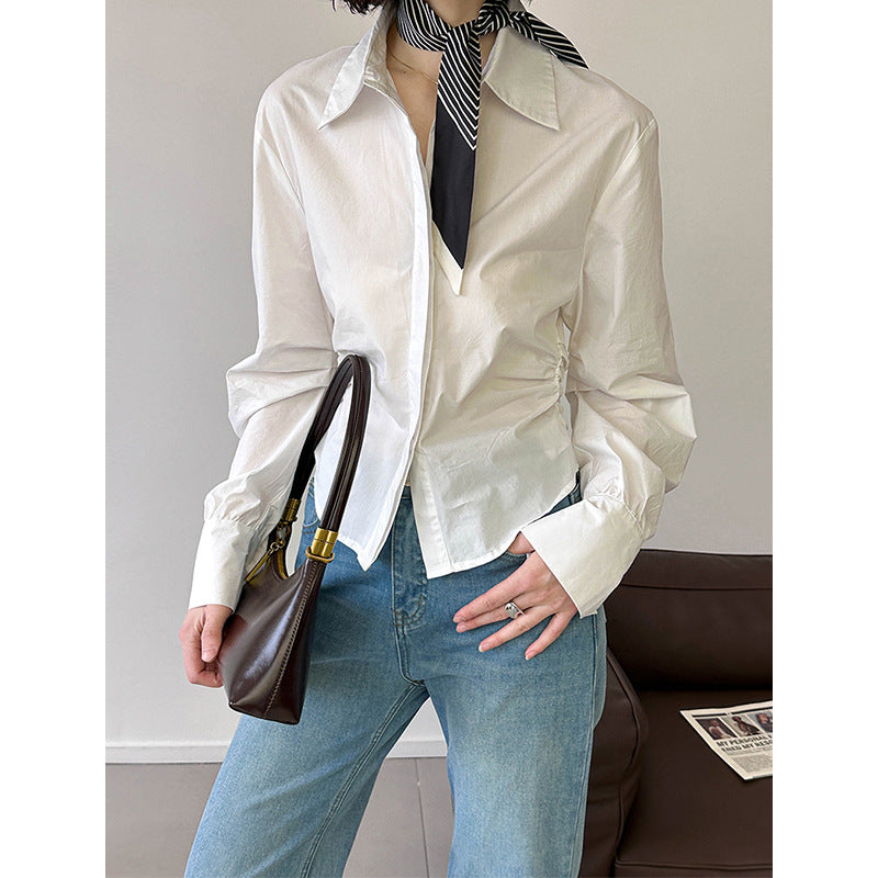 2025  Spring New Korean Version Striped Front Shoulder Lapel Design Sense Casual Versatile Shirt Women's Top 5815