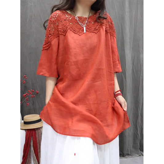 spring and summer new retro ramie hollow splicing loose casual solid color shirt fashionable versatile medium sleeve top