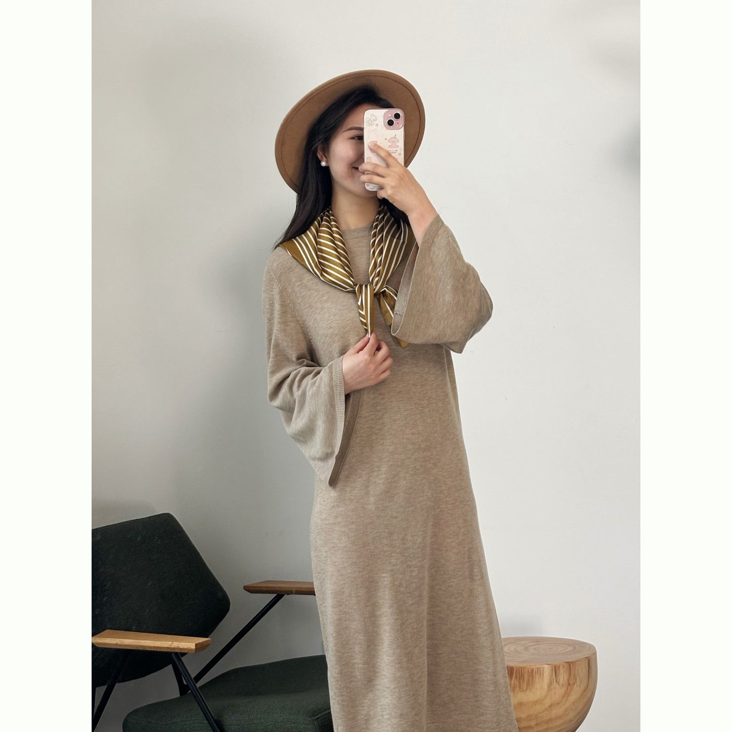 Siyuan [wool silhouette dress] minimalist style soft camel round neck lazy loose dress women 8927