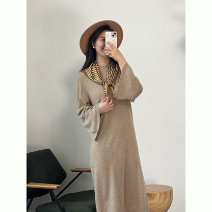 Siyuan [wool silhouette dress] minimalist style soft camel round neck lazy loose dress women 8927