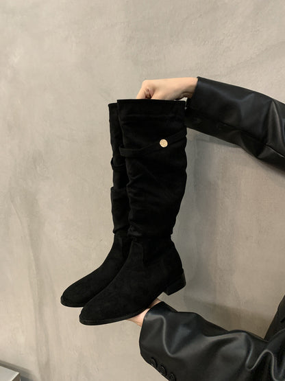 2025  Heel Pile Boots Retro Suede Black Long Women's Boots Western Boots Autumn and Winter Fleece Warm Boots Knight Boots