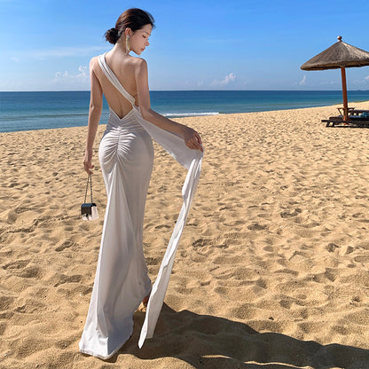 2025 Ancient Greek Muse neck streamer dress white pendant pleated pro wedding dress photo dress vacation beach dress