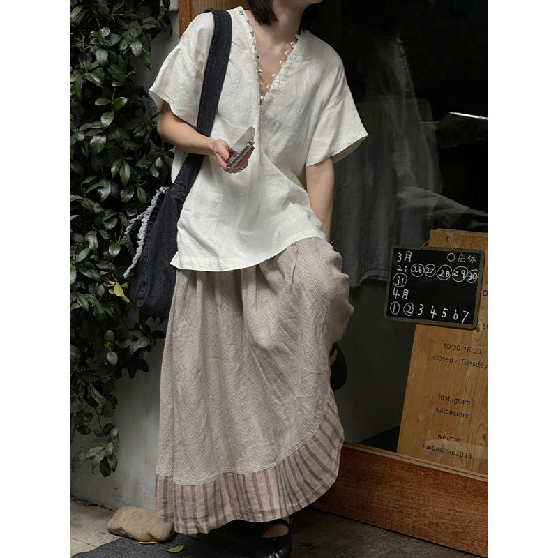 Temperament V-neck linen short-sleeved shirt  summer new simple white design hollow versatile top women