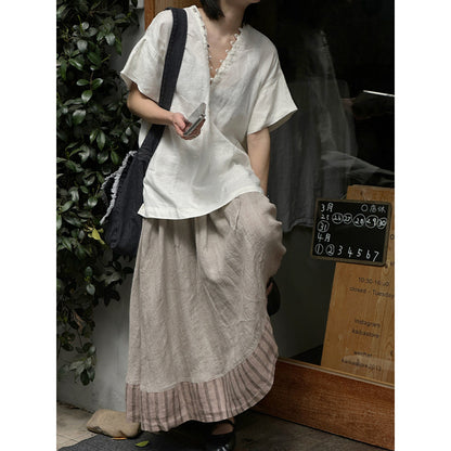 Temperament V-neck linen short-sleeved shirt  summer new simple white design hollow versatile top women
