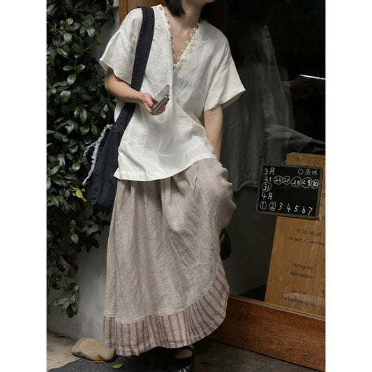 Temperament V-neck linen short-sleeved shirt  summer new simple white design hollow versatile top women