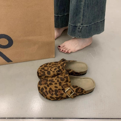 2025  platform-soled retro baotou half-slippers women's outerwear lazy one-pedal cork-soled leopard print Mary Jane Birkenstocks