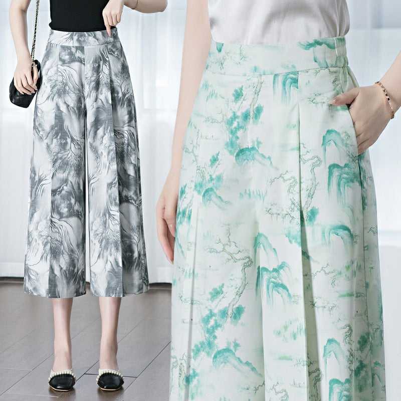 flowersverse Printed Wide-Leg Pants for Women  Summer New Fashionable Stylish High Waist Stitching Linen-Containing Middle-Aged Mom Straight-Leg Pants Fashion