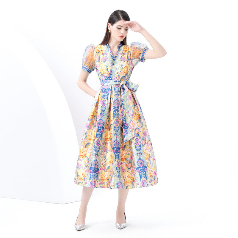retro court style printing dress women's cross V-neck strap mesh bubble sleeve waist long dress