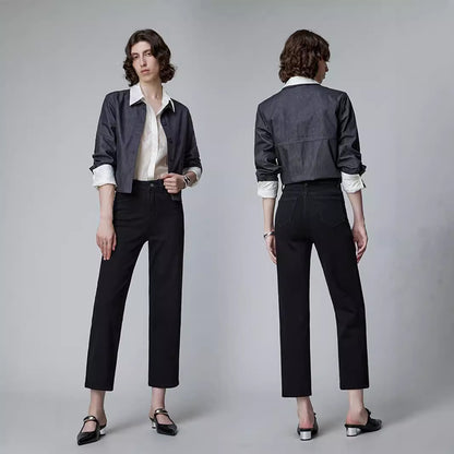 2025 popular New High-end Light Luxury Black Jeans Women's Autumn High Waist Skinny Versatile Elastic Denim Straight Pants