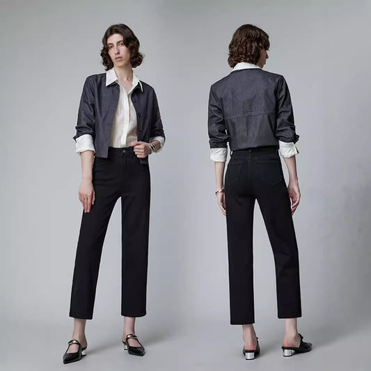 2025 popular New High-end Light Luxury Black Jeans Women's Autumn High Waist Skinny Versatile Elastic Denim Straight Pants