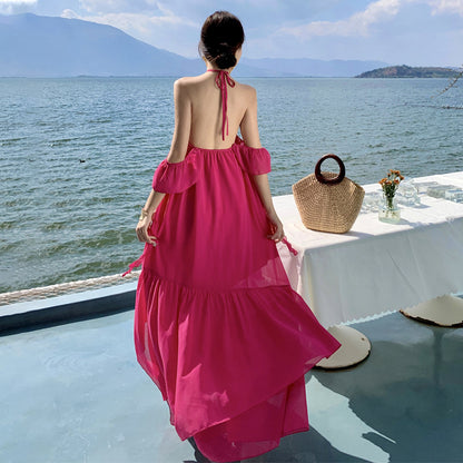 2025 Sanya seaside vacation beach dress pure desire wind sexy backless neck hanging photo exquisite fairy long dress suspender
