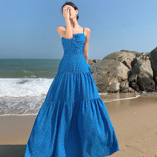 2025 Floral blue suspender dress women's 2025 summer new high-waisted and thin seaside vacation backless spice girl long dress