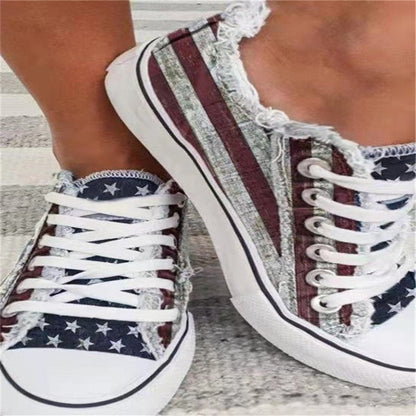 flowersverseWish Spring and Autumn Single-Layer Shoes Korean Style Denim Canvas Shoes Low-Top Lace-up Casual plus Size Women's Shoes Flat Student Shoes