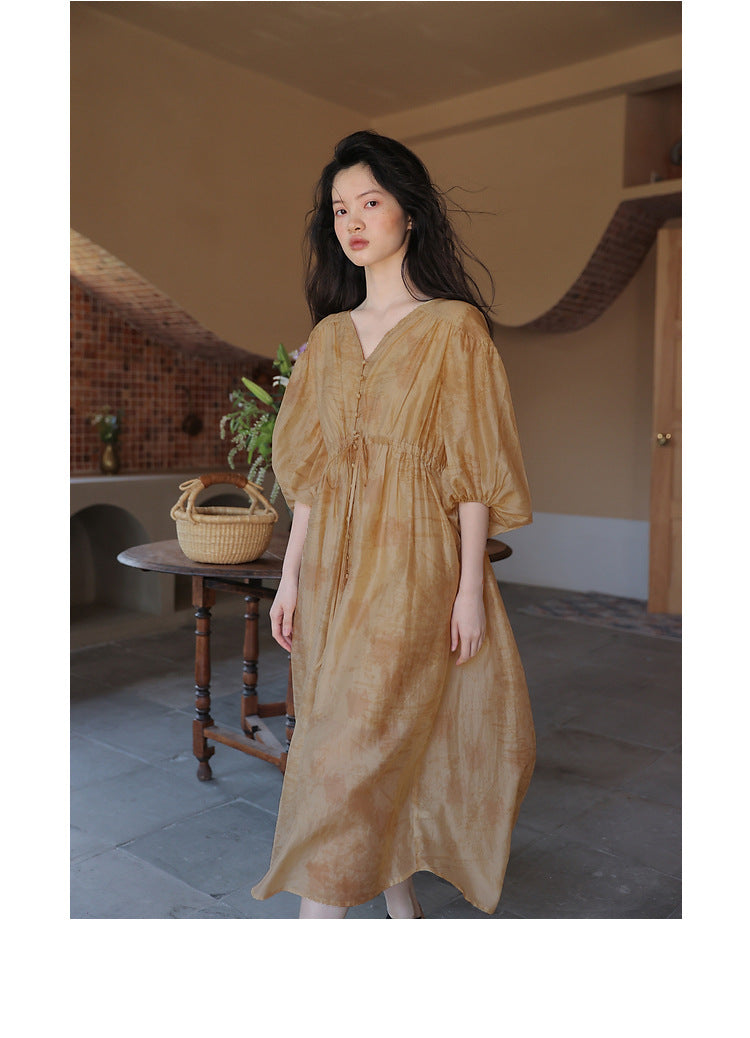 popular spring and summer women's clothing  lazy ramie digital printing dress women's yellow thin dress 230247