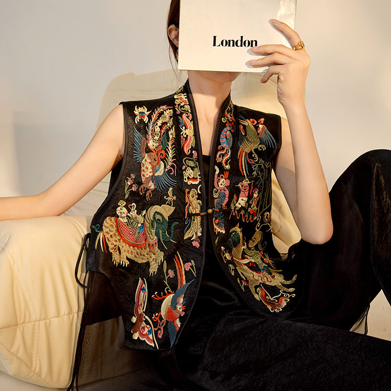 New Chinese style national style high-grade mulberry silk heavy industry buckle embroidery splicing mesh yarn retro vest women M6063