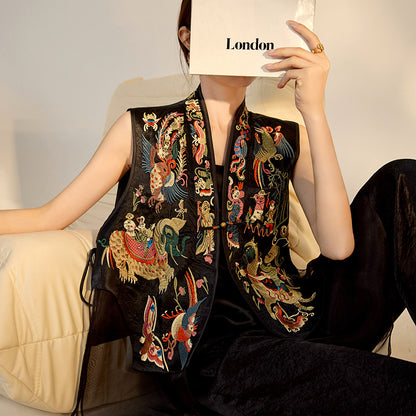 New Chinese style national style high-grade mulberry silk heavy industry buckle embroidery splicing mesh yarn retro vest women M6063