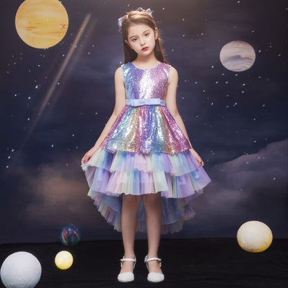 flowersverse Girls' Seven-Color Sequins Gradient Trailing Dress Main Dress Children's Wedding Dress Catwalk Host's Dress Dress