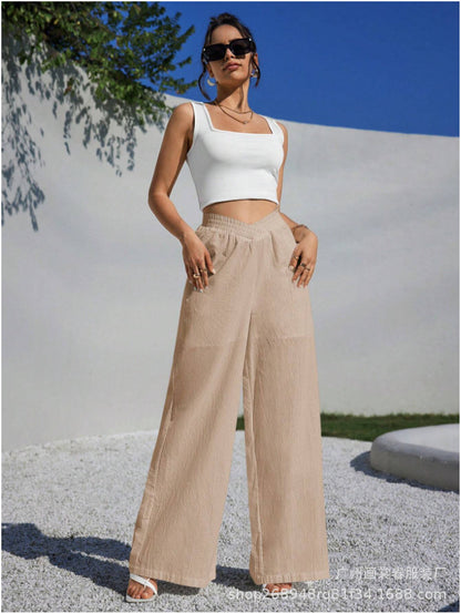 FLOWERSVERSE  Cross-Border Foreign Trade New European and American Solid Color Cross Waist Pleating Wide Leg Popular Women's Casual Pants