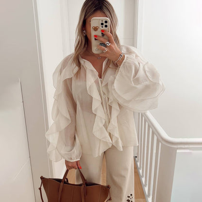 high-end design sense solid color temperament chiffon ruffle edge zipper top versatile comfortable loose long-sleeved shirt
