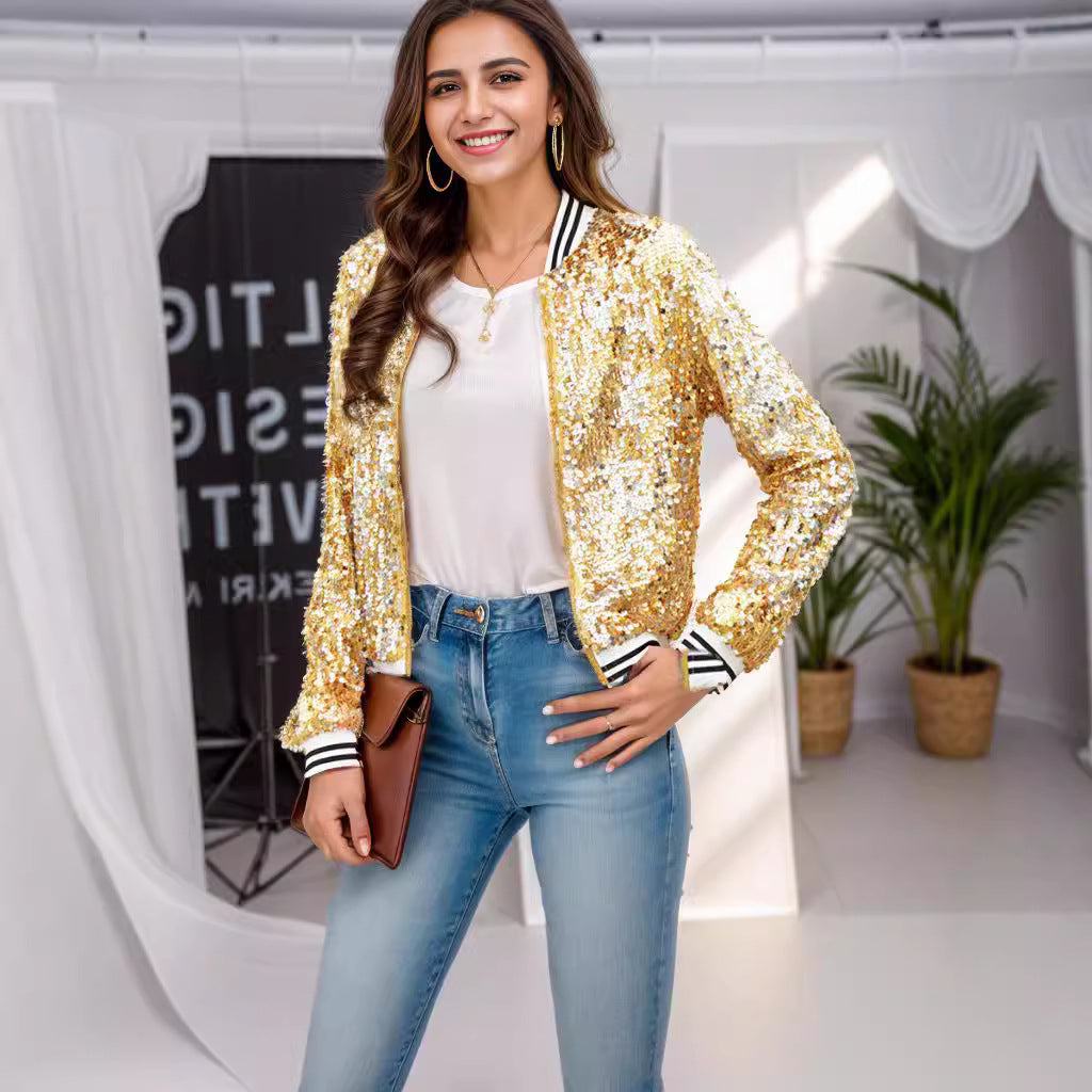 FLOWERSVERSE 2025New  spring new 2025 women's clothing fashion stand-up collar color matching sequined jacket short casual versatile small coat