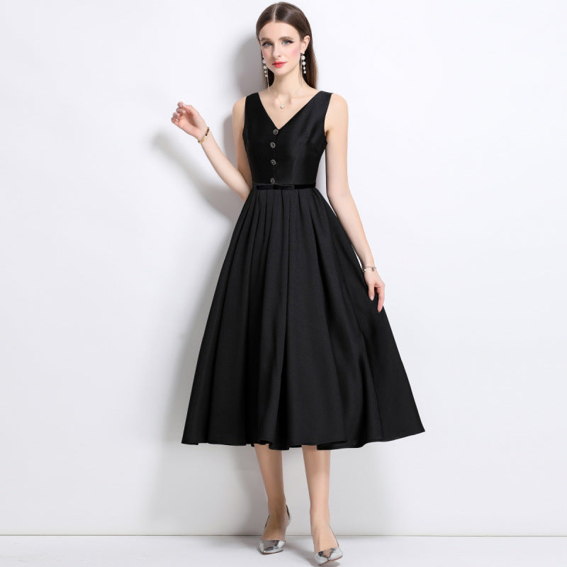 high-end black Hepburn style suspender dress skirt waist sleeveless vest bottoming inner dress women