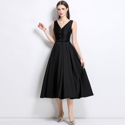 high-end black Hepburn style suspender dress skirt waist sleeveless vest bottoming inner dress women