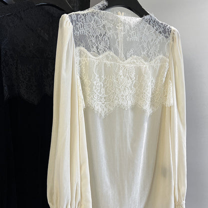 2025 early spring heavy industry lace splicing,  light luxury silk velvet lantern sleeve with a single shirt inside