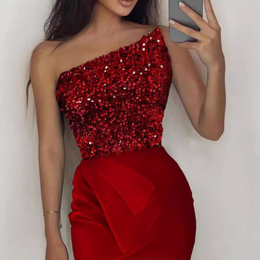 FLOWERSVERSE 2025 New Popular trade new red sequined fairy long sleeveless fashion body temperament medium and long evening dress