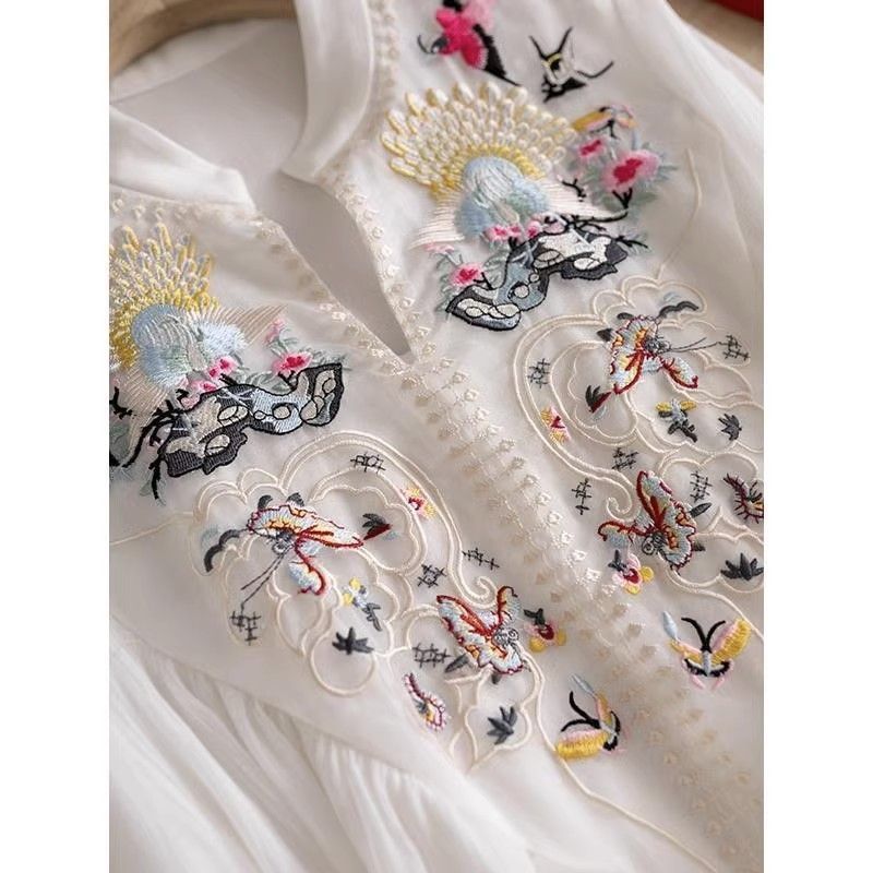 National style summer new Chinese dress heavy industry embroidery stand-up collar long dress seven-quarter sleeve loose and thin big swing dress