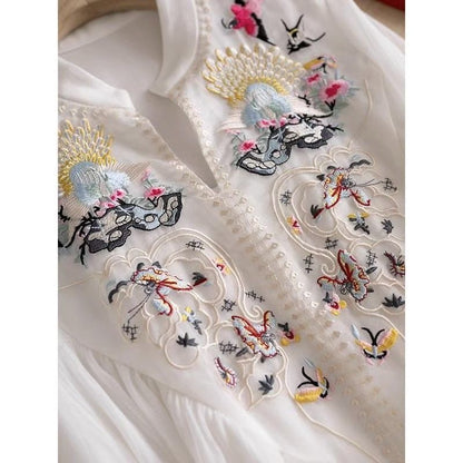 National style summer new Chinese dress heavy industry embroidery stand-up collar long dress seven-quarter sleeve loose and thin big swing dress
